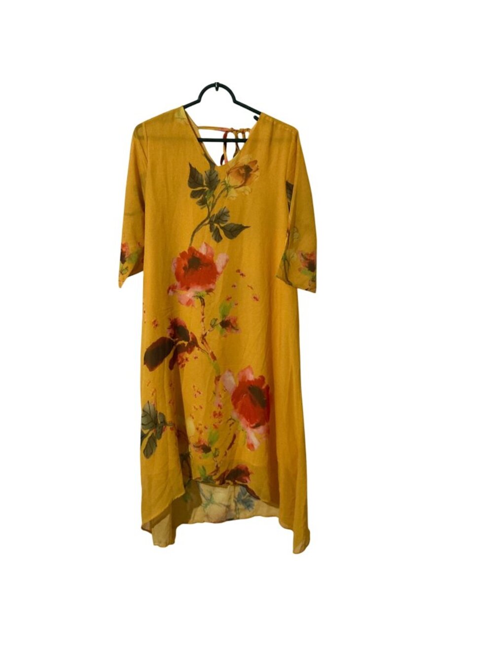 Yellow Floral Print V-Neck Midi Dress With Half Sleeves & Tie-Back Detail